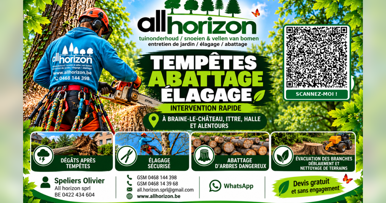 Abattage d'arbres, élagage et intervention après tempête à Braine-le-Château